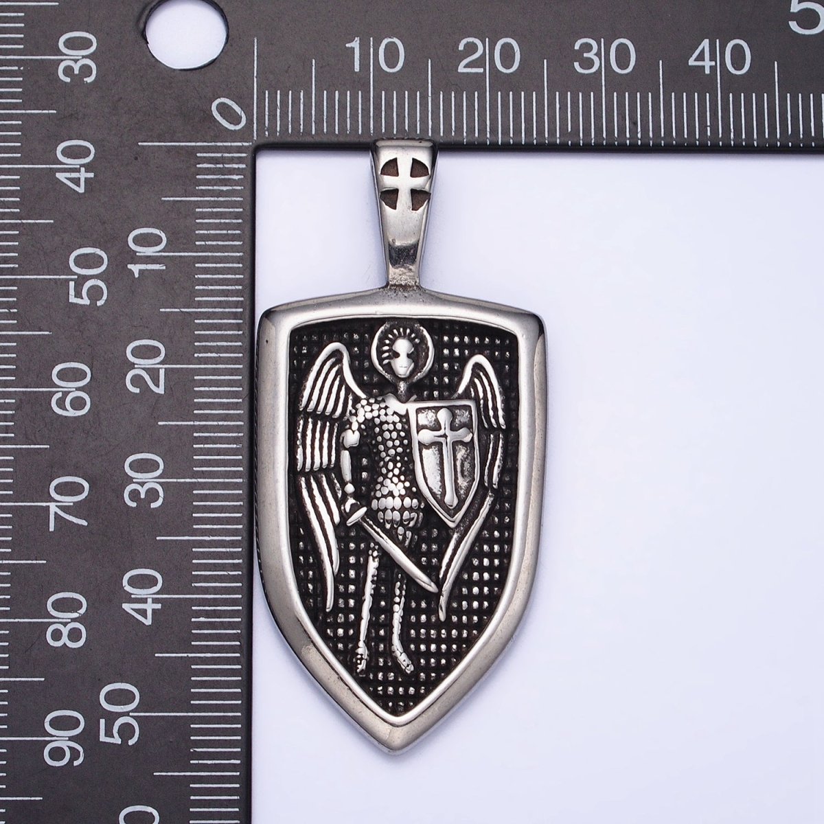 Stainless Steel Winged Angel Soldier Religious Cross Shield Crest Double Sided Pendant in Silver & Gold | P-1135