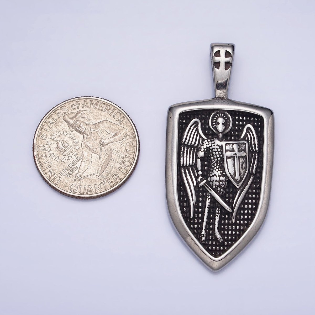 Stainless Steel Winged Angel Soldier Religious Cross Shield Crest Double Sided Pendant in Silver & Gold | P-1135