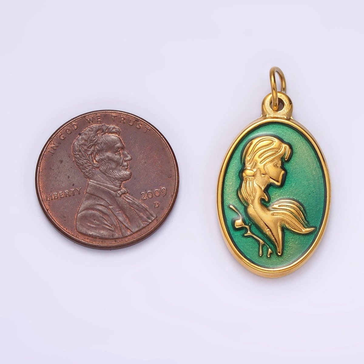 Stainless Steel Women Girl Portrait Cameo Teal Oval Charm in Gold & Silver | P1269