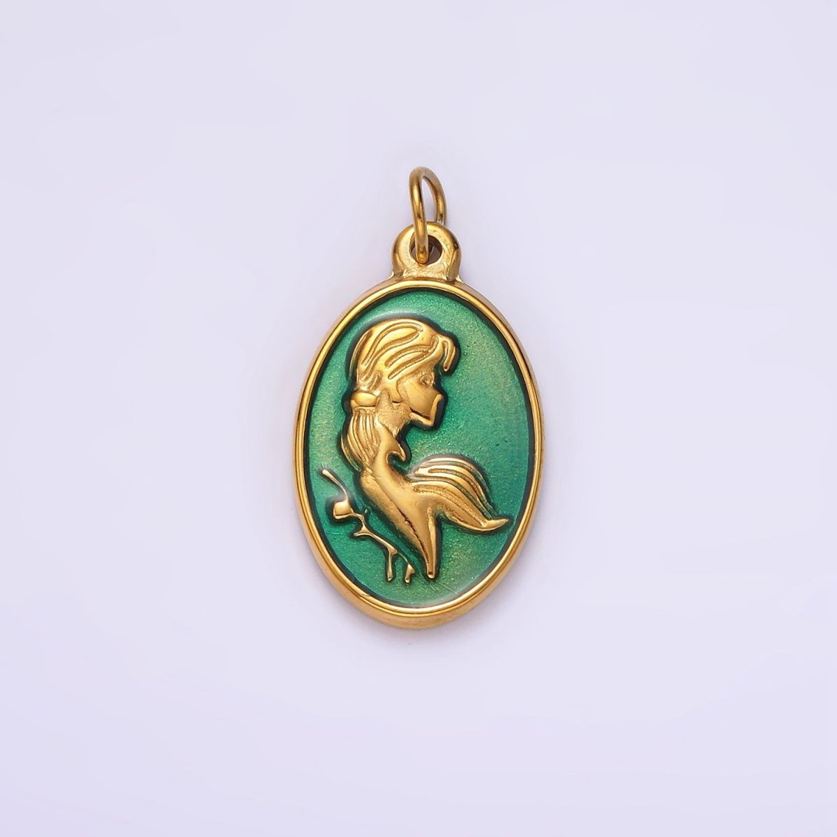 Stainless Steel Women Girl Portrait Cameo Teal Oval Charm in Gold & Silver | P1269