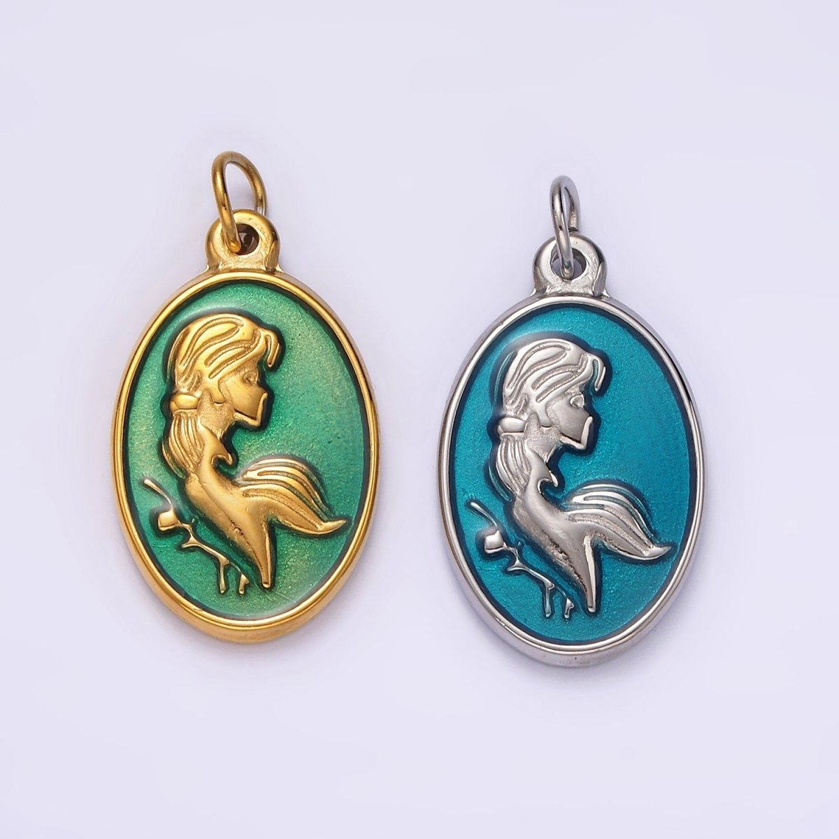 Stainless Steel Women Girl Portrait Cameo Teal Oval Charm in Gold & Silver | P1269