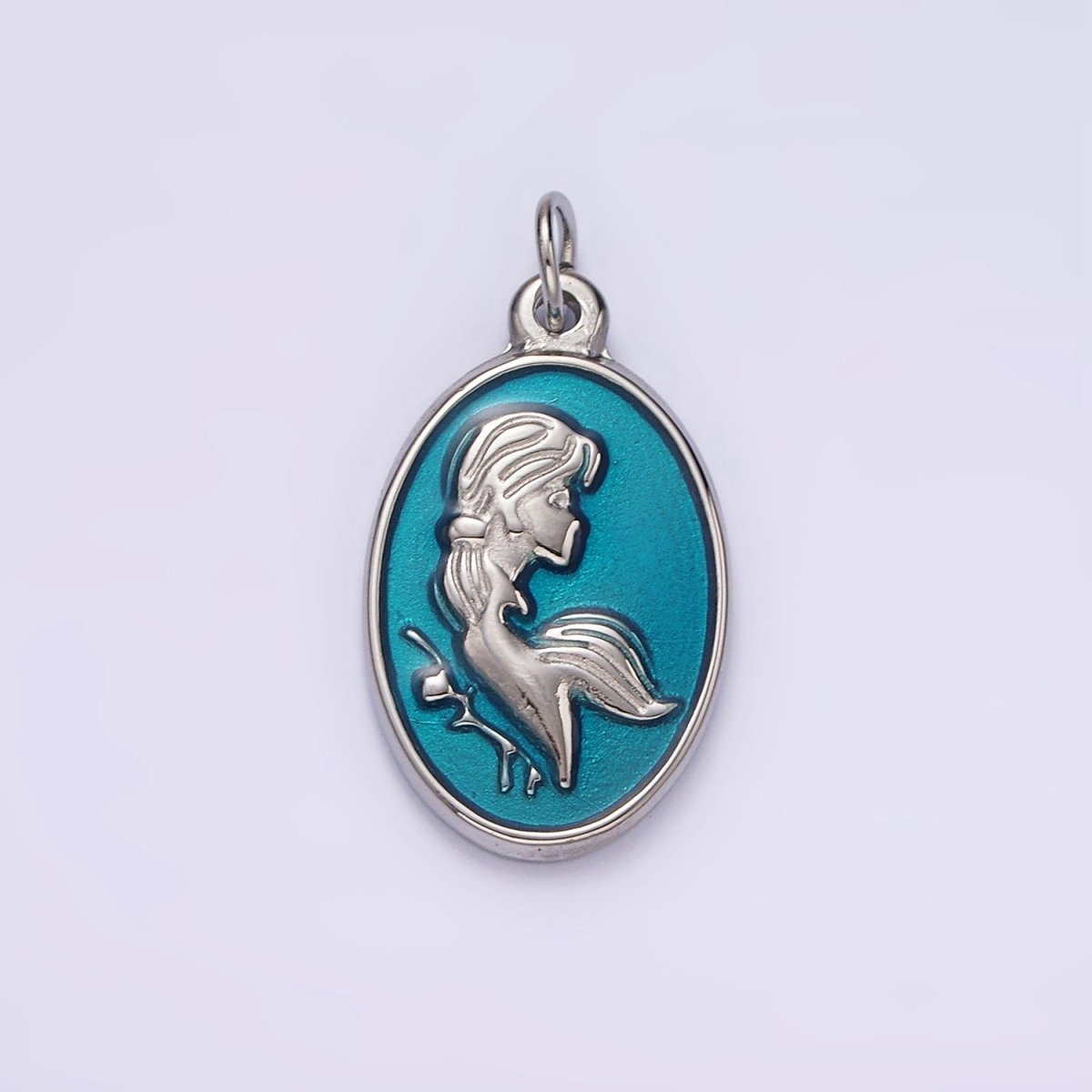Stainless Steel Women Girl Portrait Cameo Teal Oval Charm in Gold & Silver | P1269