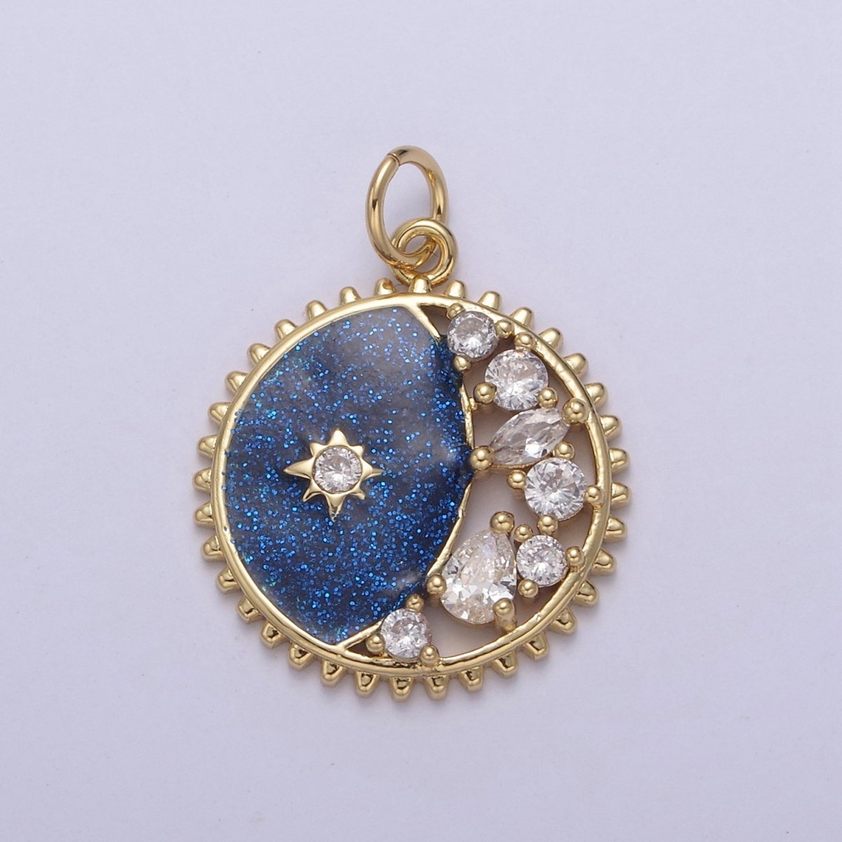 Starburst Star Glitter Sparkle Coin Charm, 17mm coin Gold Filled CZ Coin, Celestial CZ Drop Pendant N-726 - N-728