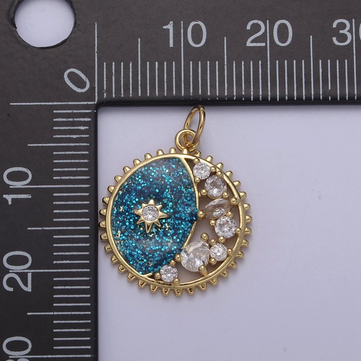 Starburst Star Glitter Sparkle Coin Charm, 17mm coin Gold Filled CZ Coin, Celestial CZ Drop Pendant N-726 - N-728
