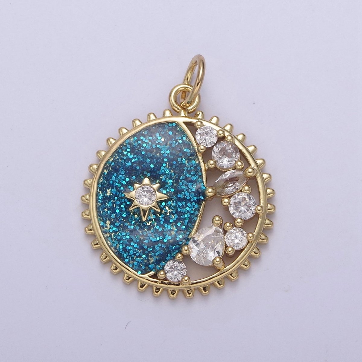 Starburst Star Glitter Sparkle Coin Charm, 17mm coin Gold Filled CZ Coin, Celestial CZ Drop Pendant N-726 - N-728
