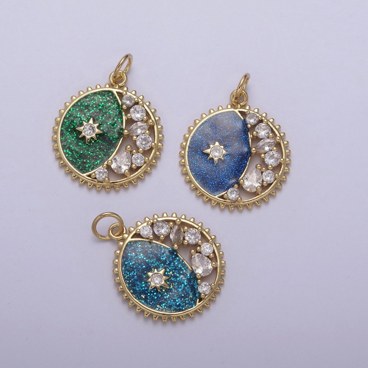 Starburst Star Glitter Sparkle Coin Charm, 17mm coin Gold Filled CZ Coin, Celestial CZ Drop Pendant N-726 - N-728