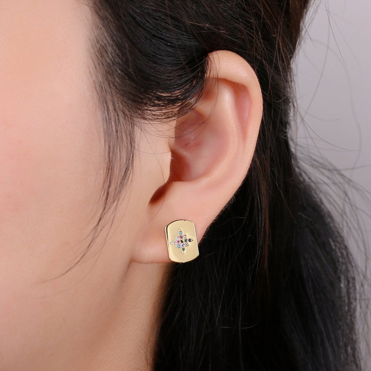 Starburst Stud Earring | Gold Star Earring | North Star Stud Earring With Cubic Zirconia 14k Gold Filled Q-299 - DLUXCA