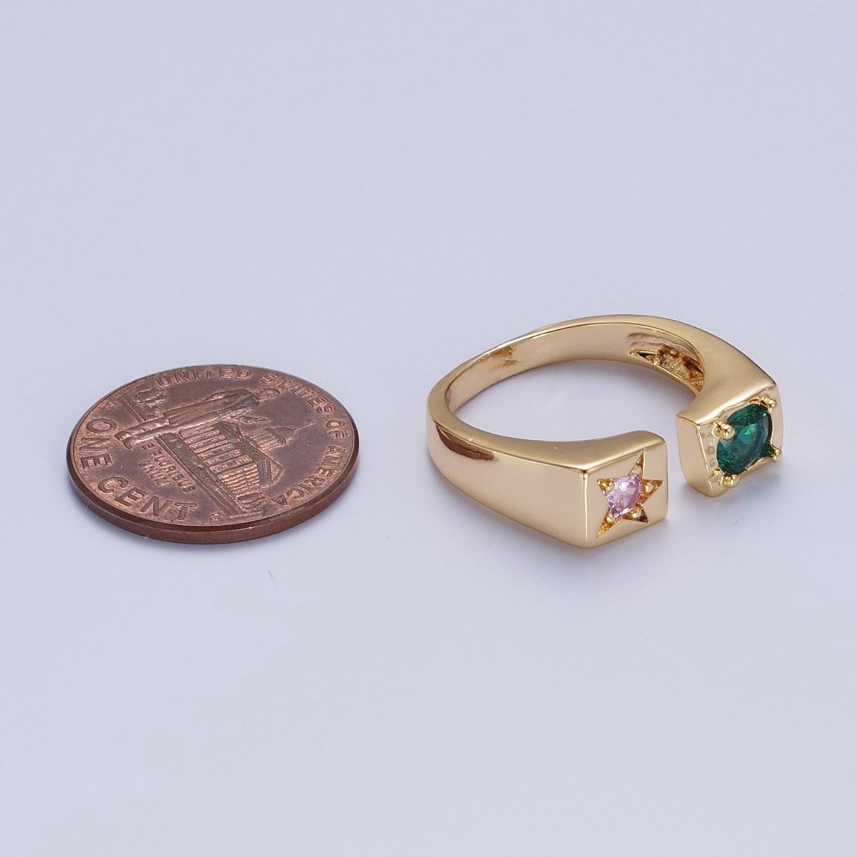 OS Starry Pink & Green Open Adjustable Gold Ring with Round Stone Cubic Zirconia | U-264