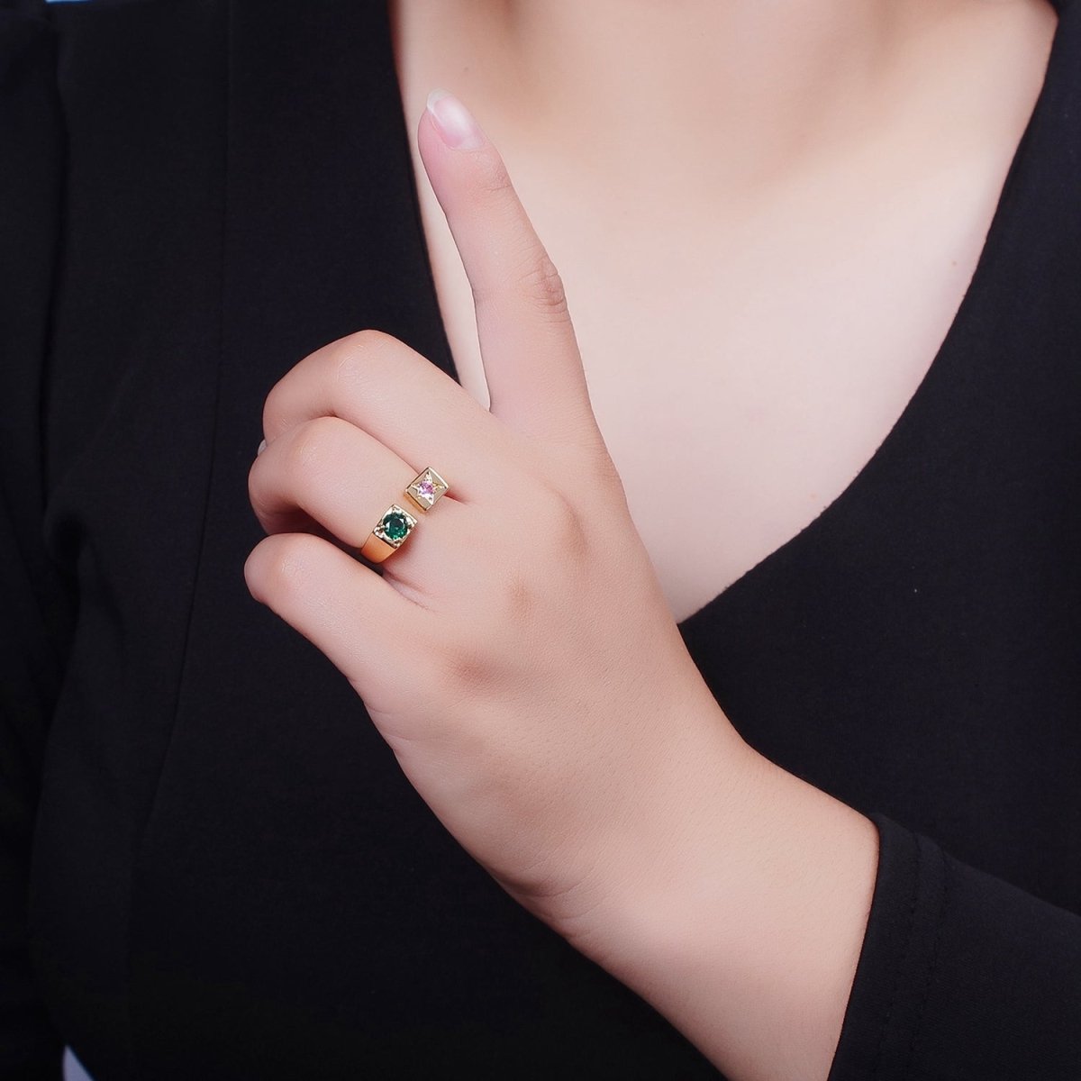 OS Starry Pink & Green Open Adjustable Gold Ring with Round Stone Cubic Zirconia | U-264