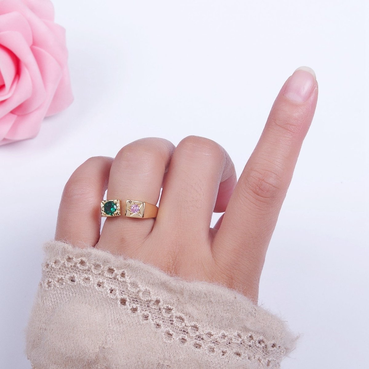 OS Starry Pink & Green Open Adjustable Gold Ring with Round Stone Cubic Zirconia | U-264