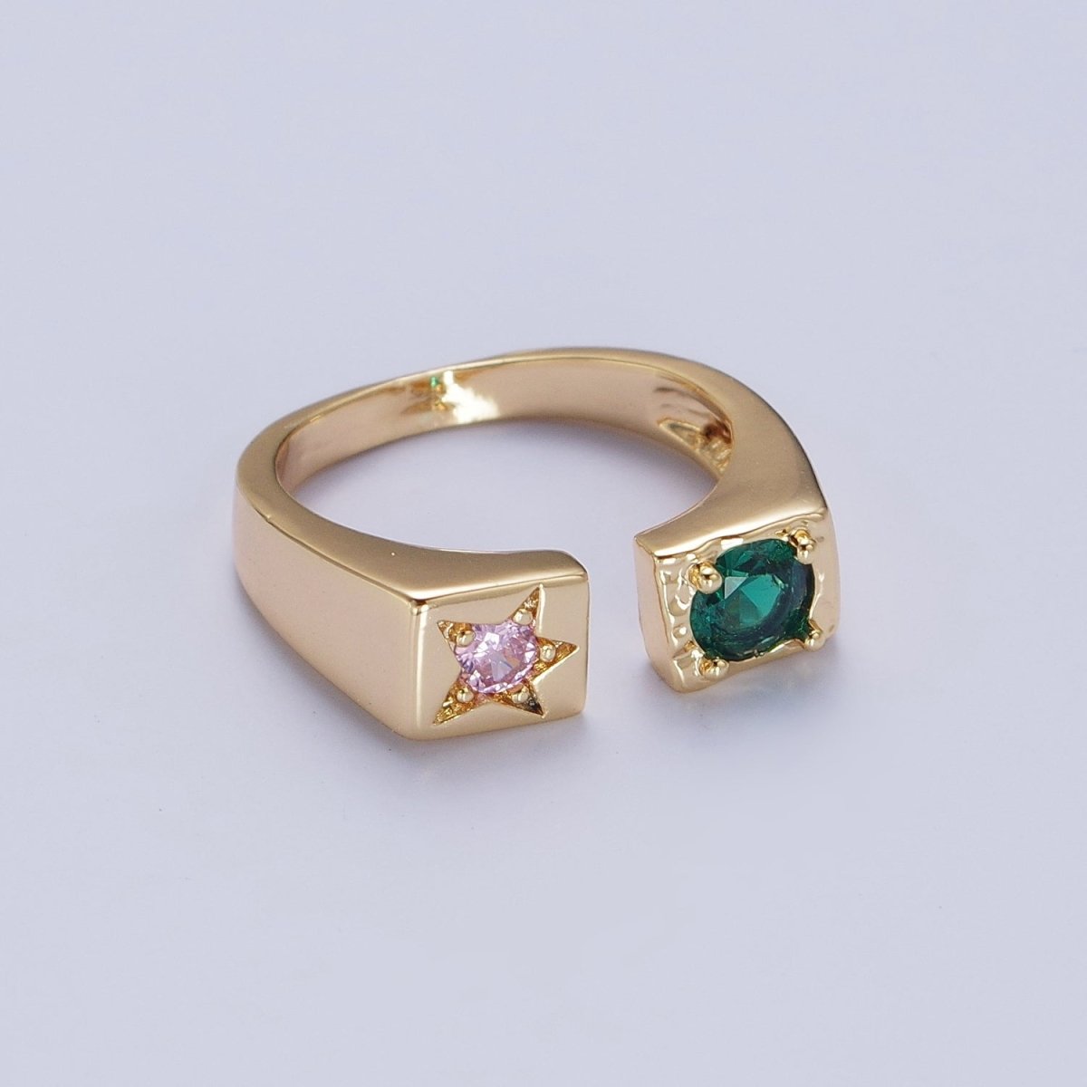 OS Starry Pink & Green Open Adjustable Gold Ring with Round Stone Cubic Zirconia | U-264
