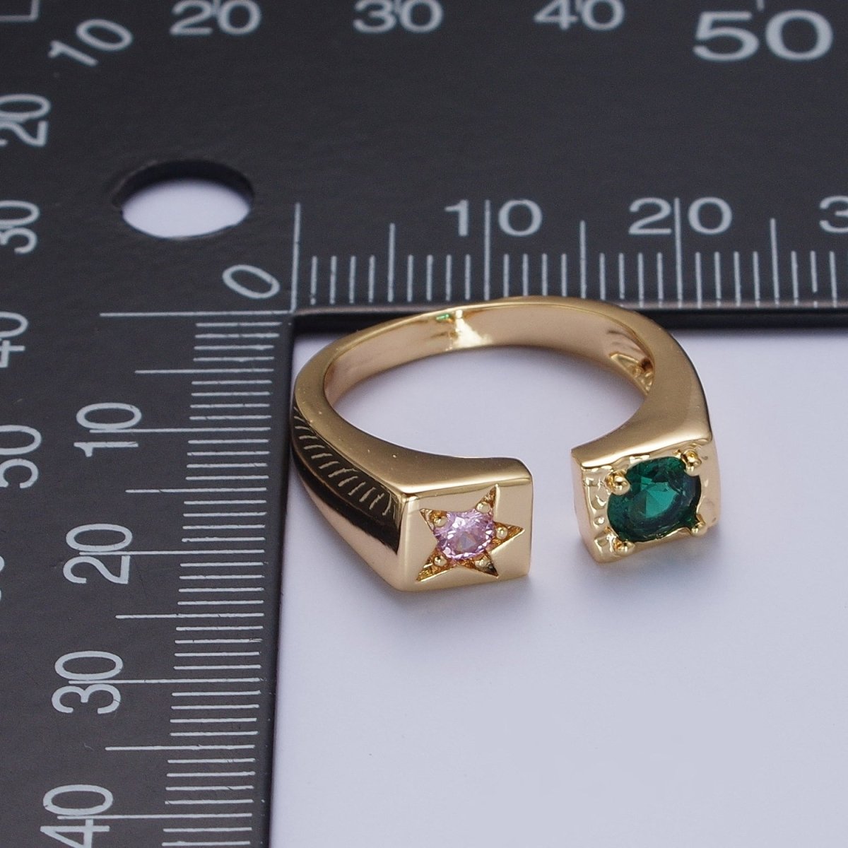 OS Starry Pink & Green Open Adjustable Gold Ring with Round Stone Cubic Zirconia | U-264