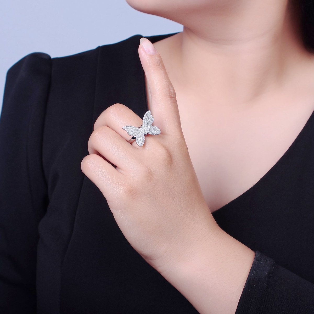 Statement Big Mariposa Ring Gold Pave Silver Butterfly Ring Open Adjustable Jewelry O-2229  O-2230