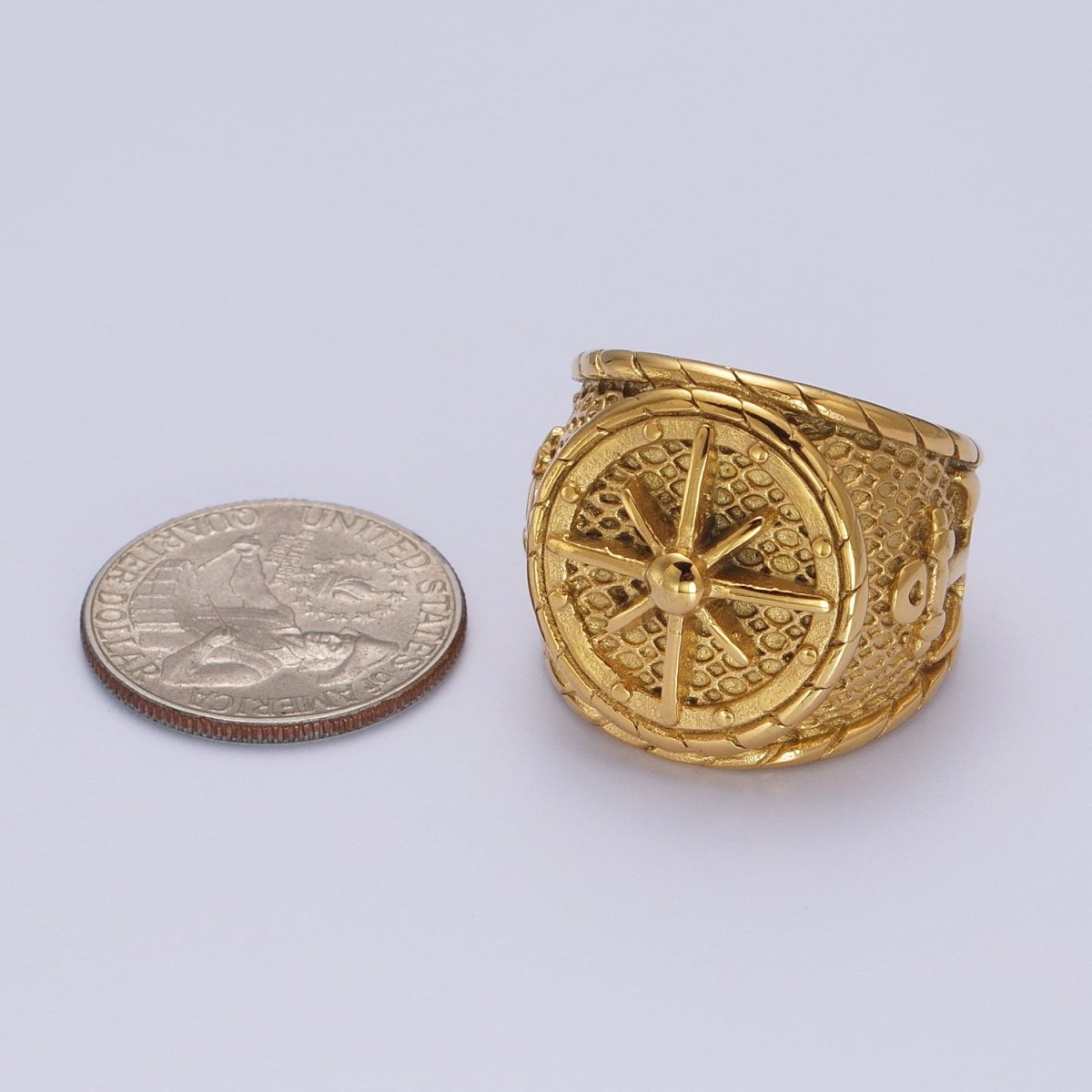 Statement Stainless Steel Ships' Steering Wheel Anchor Textured Ring in Silver & Gold | O-140~O-143, O-116~O-119