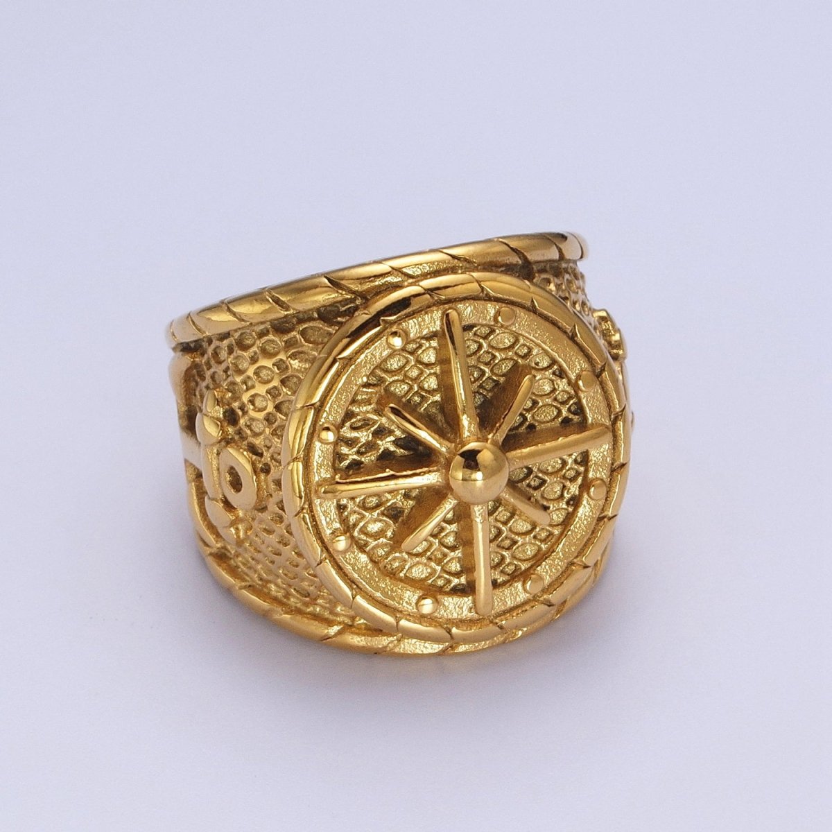 Statement Stainless Steel Ships' Steering Wheel Anchor Textured Ring in Silver & Gold | O-140~O-143, O-116~O-119