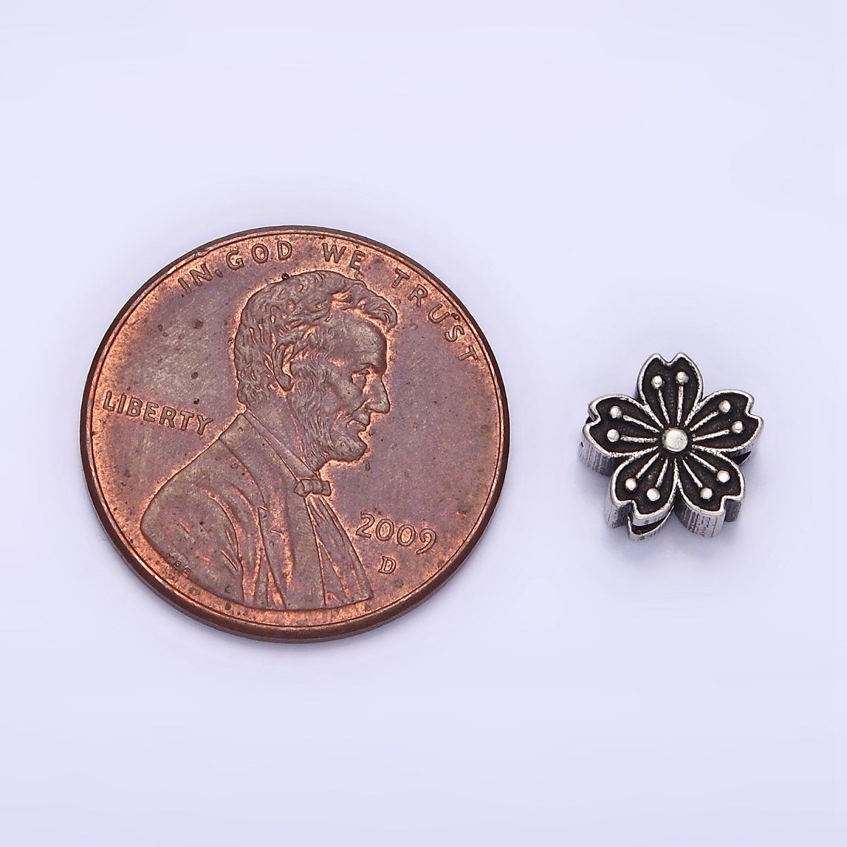 Sterling Silver S925 7.5mm Flower Lined Dotted Mixed Metal Bead | SL-346 - DLUXCA