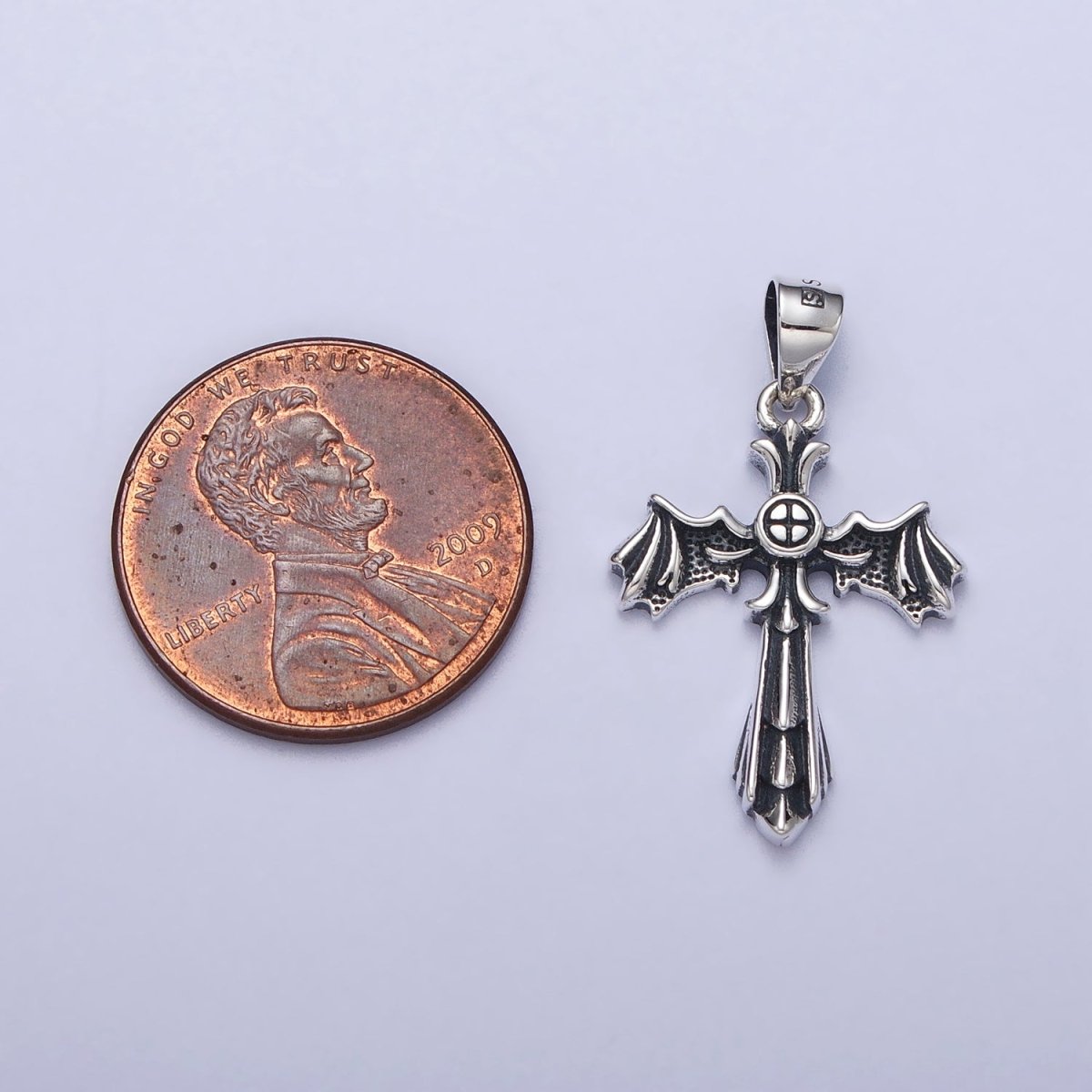 Sterling Silver S925 Gothic Fleury Cross Bat Wings Pendant | SL-396 - DLUXCA