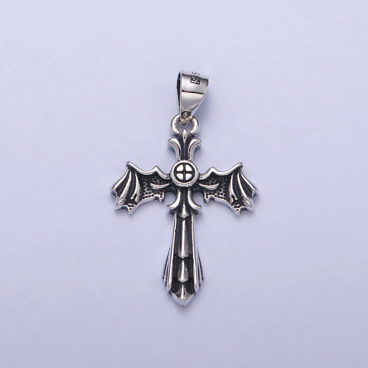 Sterling Silver S925 Gothic Fleury Cross Bat Wings Pendant | SL-396 - DLUXCA