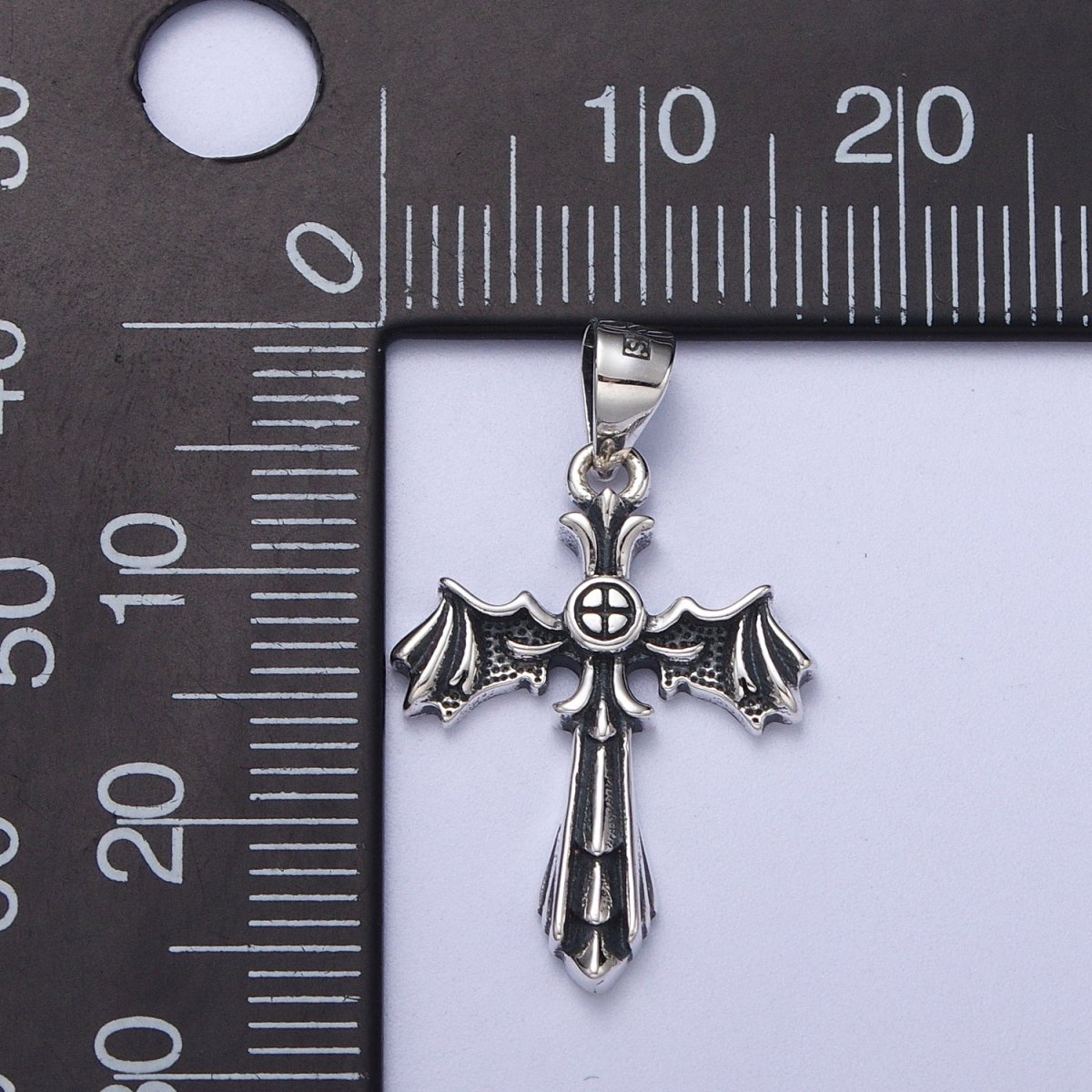 Sterling Silver S925 Gothic Fleury Cross Bat Wings Pendant | SL-396 - DLUXCA
