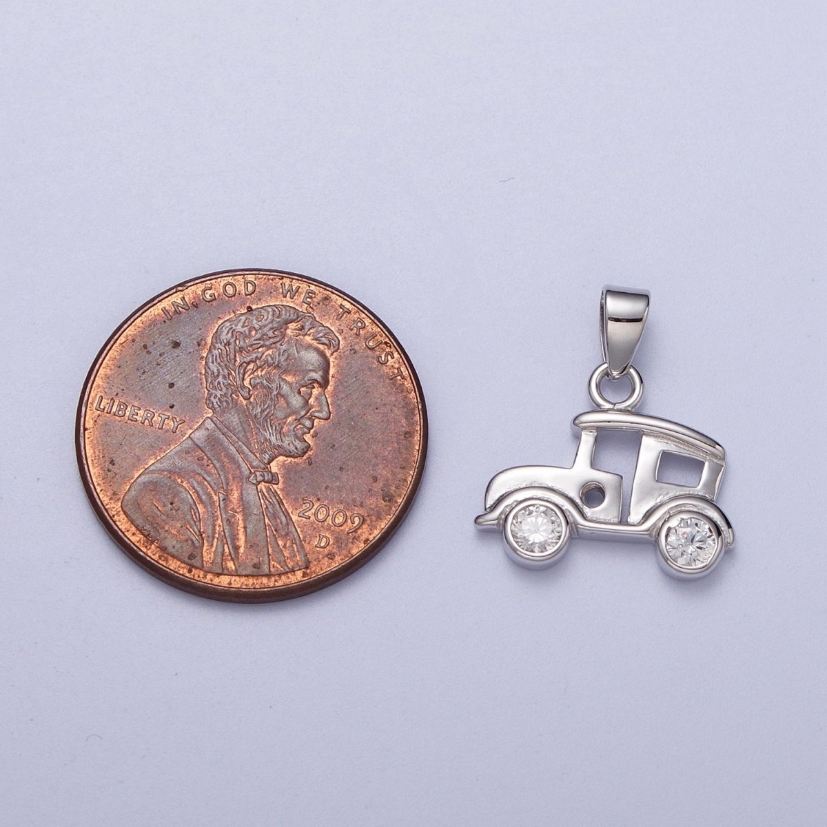 Sterling Silver S925 Mini Vintage Classic Car Clear CZ Wheel Pendant | SL-394 - DLUXCA