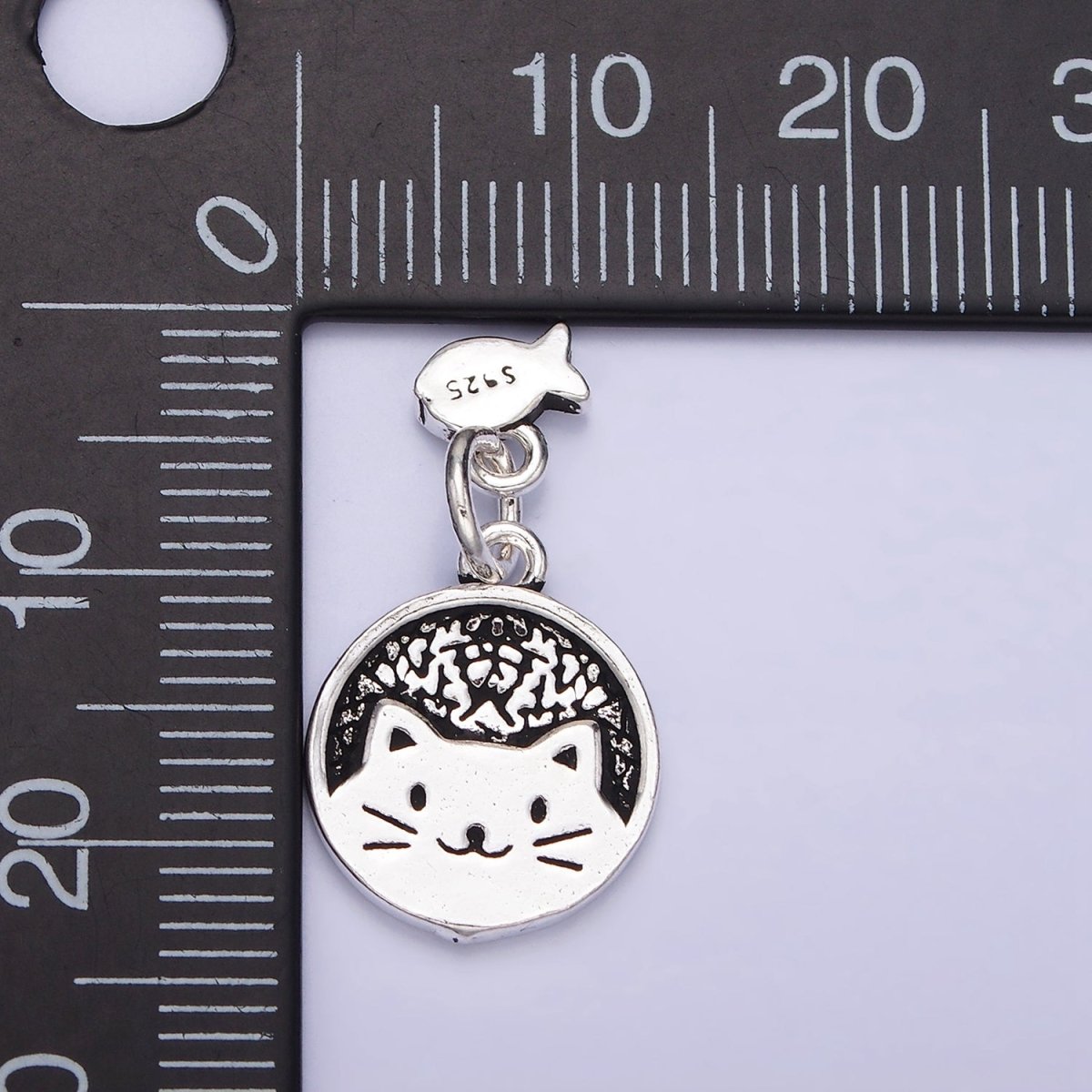 Sterling Silver S925 Pet Kitty Cat Round Textured Mini Fish Drop Double Charm | SL-268 - DLUXCA