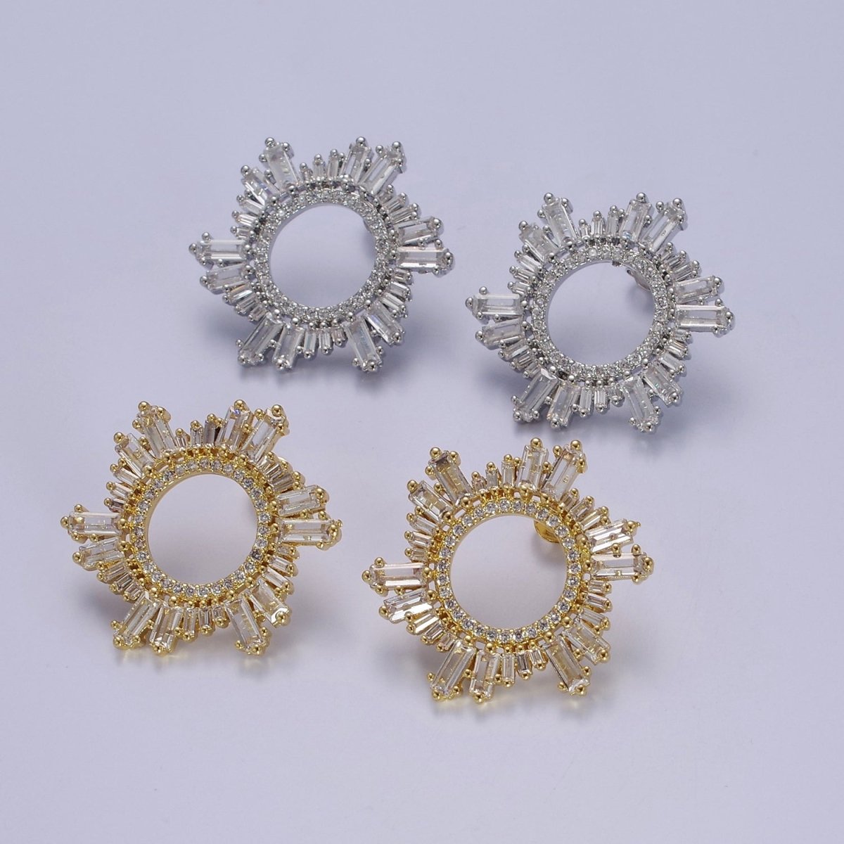 Sunburst Stud Earrings, Sun Ray Stud Earrings, CZ Sunburst Celestial Earring in Gold Filled / Silver V-134