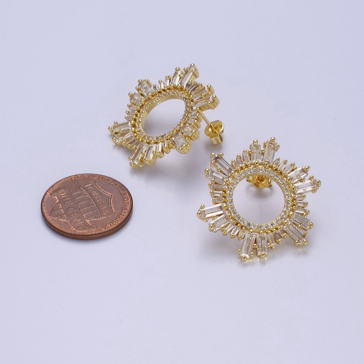 Sunburst Stud Earrings, Sun Ray Stud Earrings, CZ Sunburst Celestial Earring in Gold Filled / Silver V-134