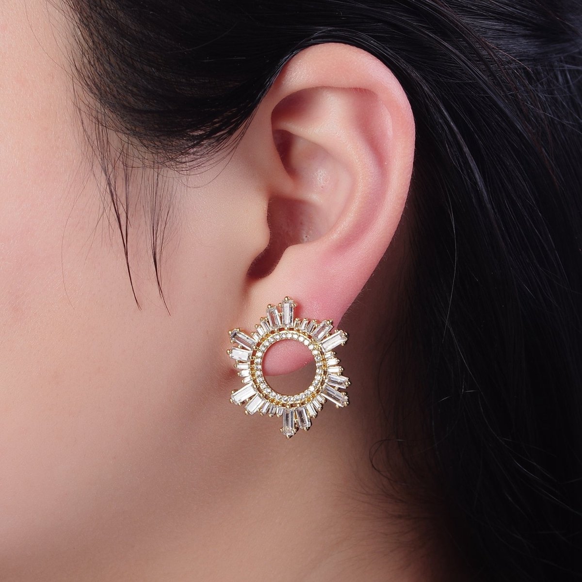 Sunburst Stud Earrings, Sun Ray Stud Earrings, CZ Sunburst Celestial Earring in Gold Filled / Silver V-134