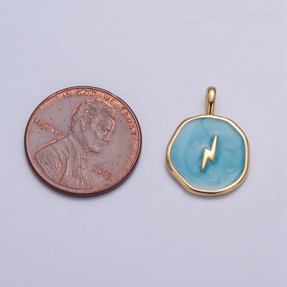 Teal Enamel Lightning Bolt Medallion Charm, 14K Gold Filled Enamel Bolt Charm for Necklace Bracelet Jewelry Making Supply, 18x13mm I-080