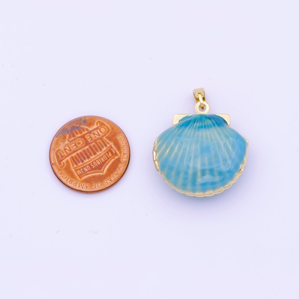 Teal/Purple Enamel Clam Sea Shell Gold Locket Pendant Beach Jewelry  H-779 H-902