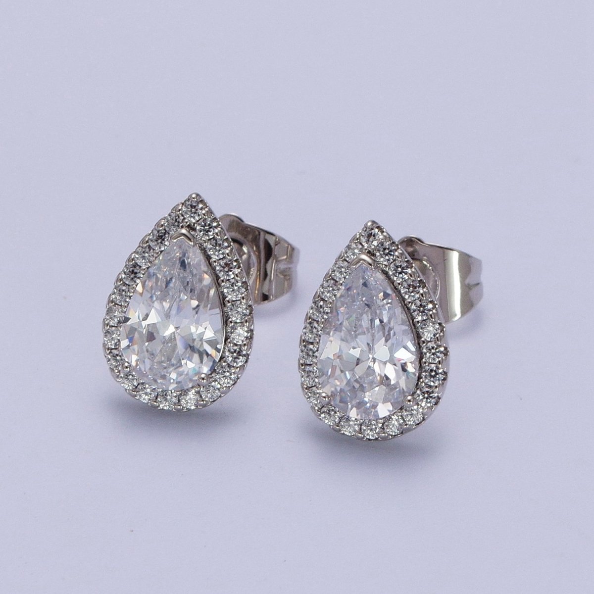 Teardrop Pave Earrings, Pave Halo Stud Earrings, Cubic Zirconia Stone Studs, Silver CZ Diamond Earrings AD-003 AD-004 AD-005