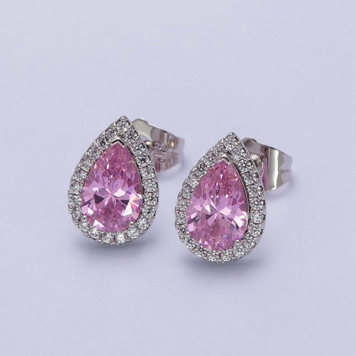Teardrop Pave Earrings, Pave Halo Stud Earrings, Cubic Zirconia Stone Studs, Silver CZ Diamond Earrings AD-003 AD-004 AD-005