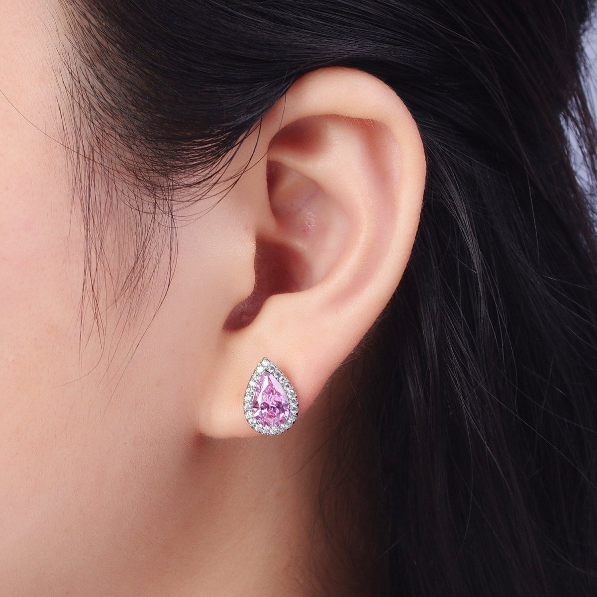 Teardrop Pave Earrings, Pave Halo Stud Earrings, Cubic Zirconia Stone Studs, Silver CZ Diamond Earrings AD-003 AD-004 AD-005