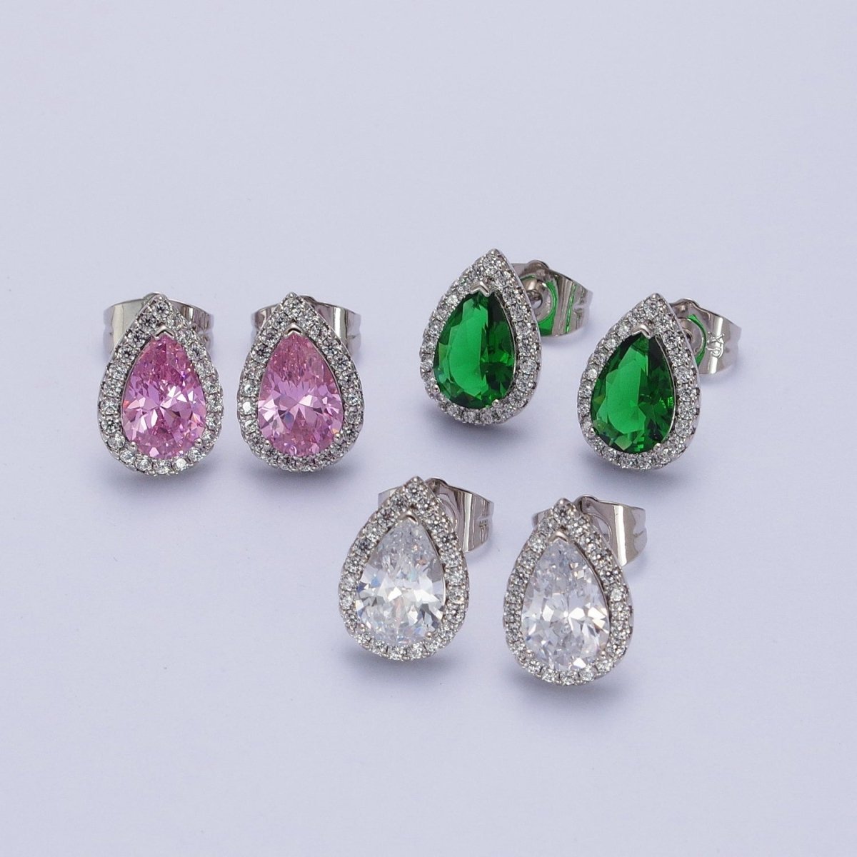 Teardrop Pave Earrings, Pave Halo Stud Earrings, Cubic Zirconia Stone Studs, Silver CZ Diamond Earrings AD-003 AD-004 AD-005