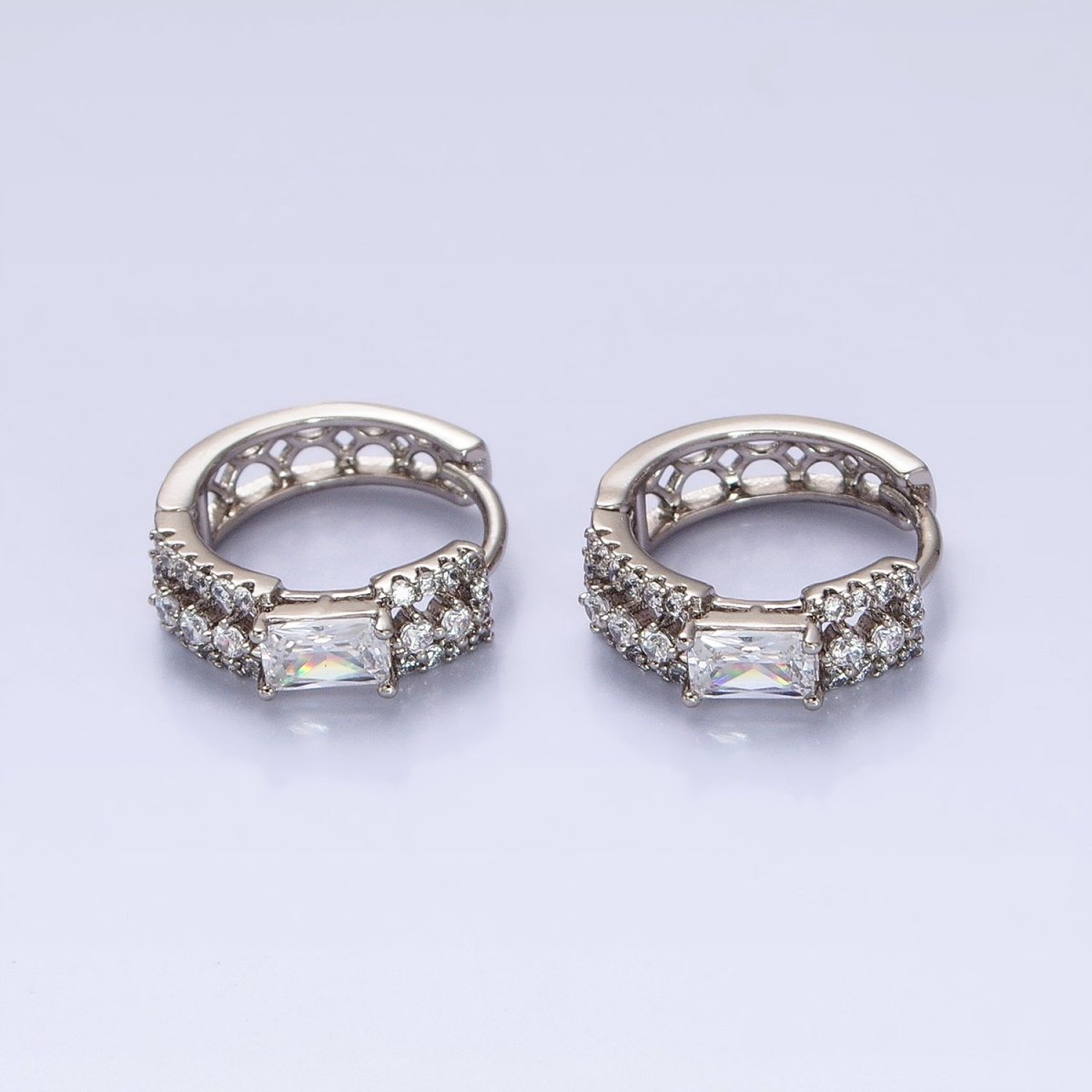 Thick Silver Hoop Earring with Clear Emerald Cut CZ Micro Pave Stone AB785