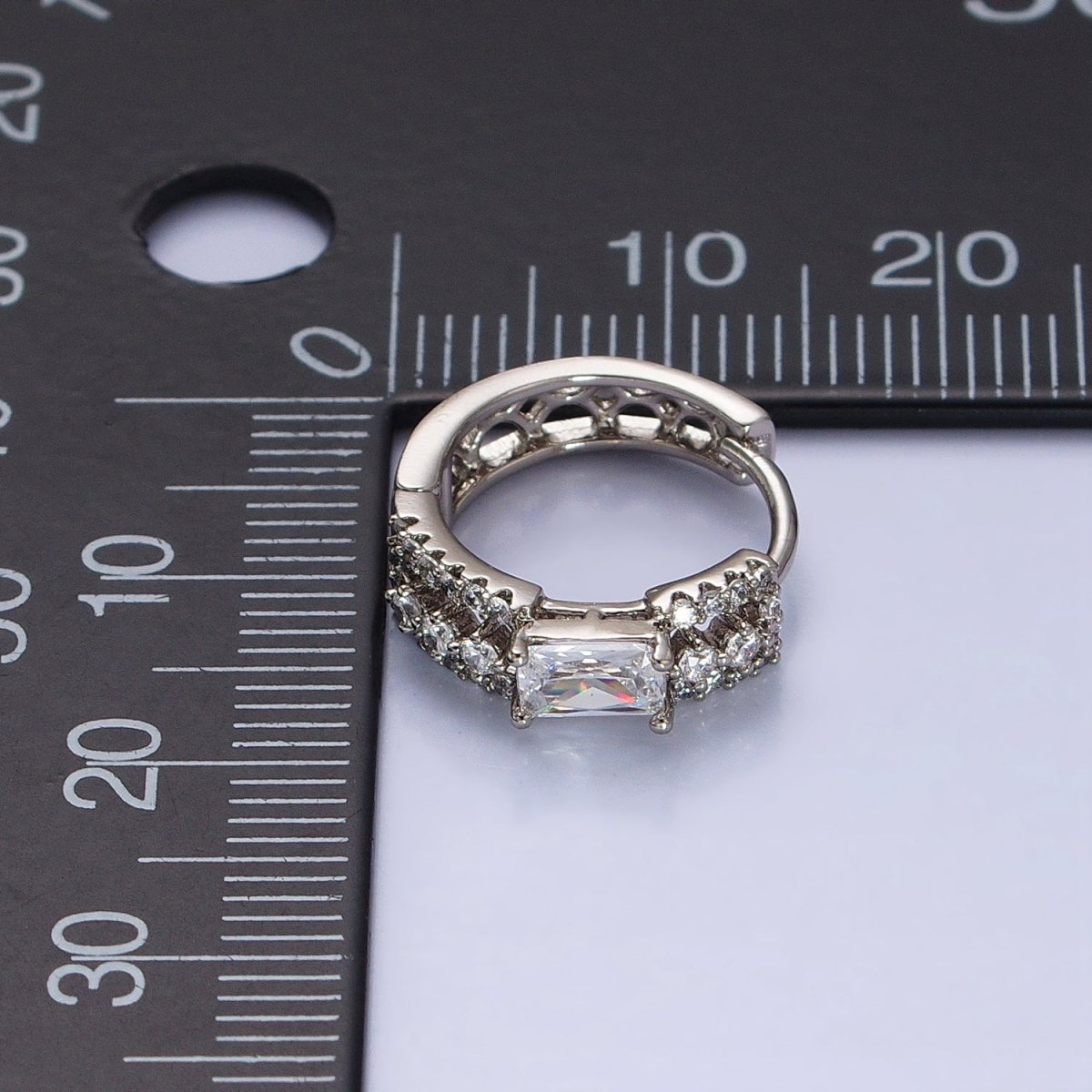 Thick Silver Hoop Earring with Clear Emerald Cut CZ Micro Pave Stone AB785