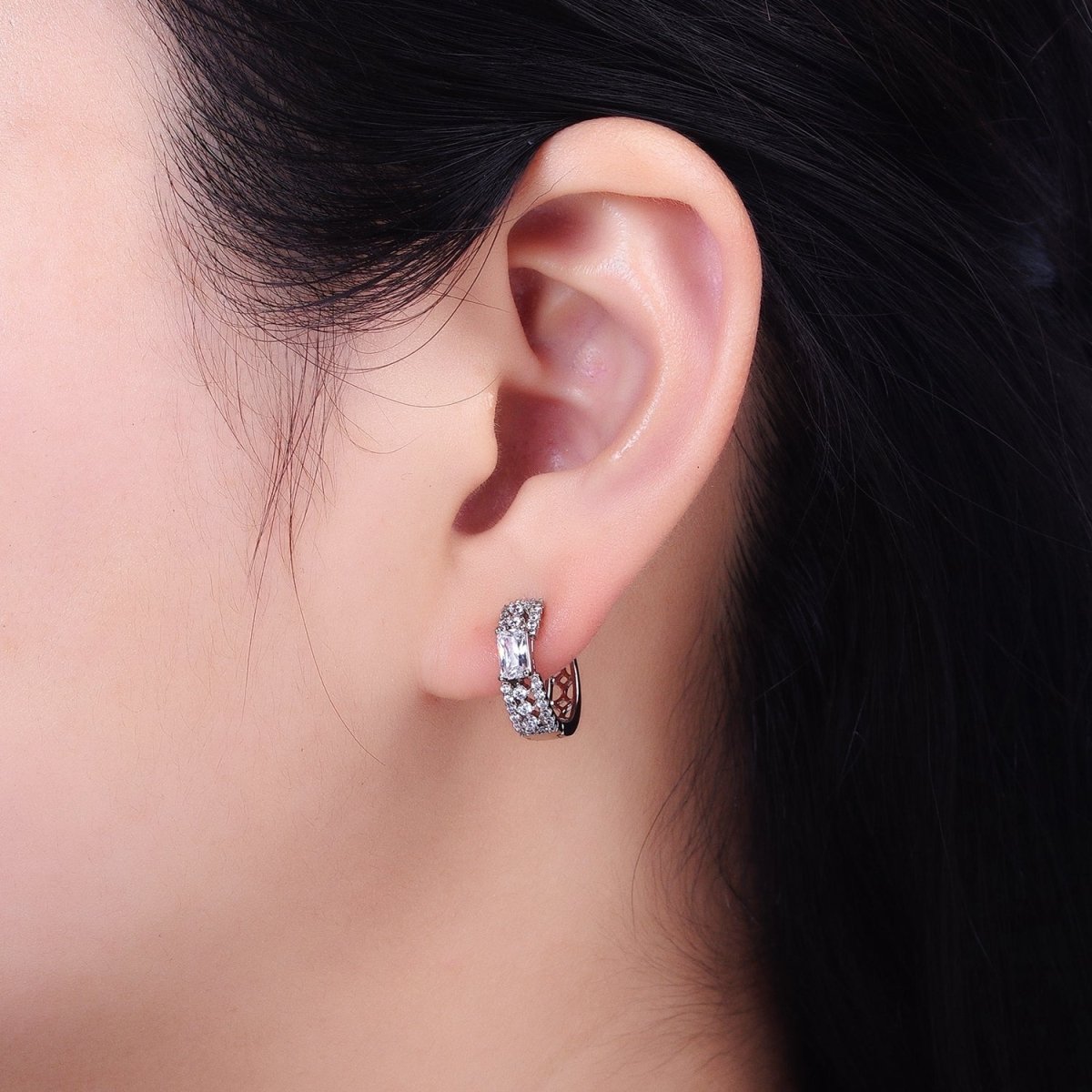 Thick Silver Hoop Earring with Clear Emerald Cut CZ Micro Pave Stone AB785