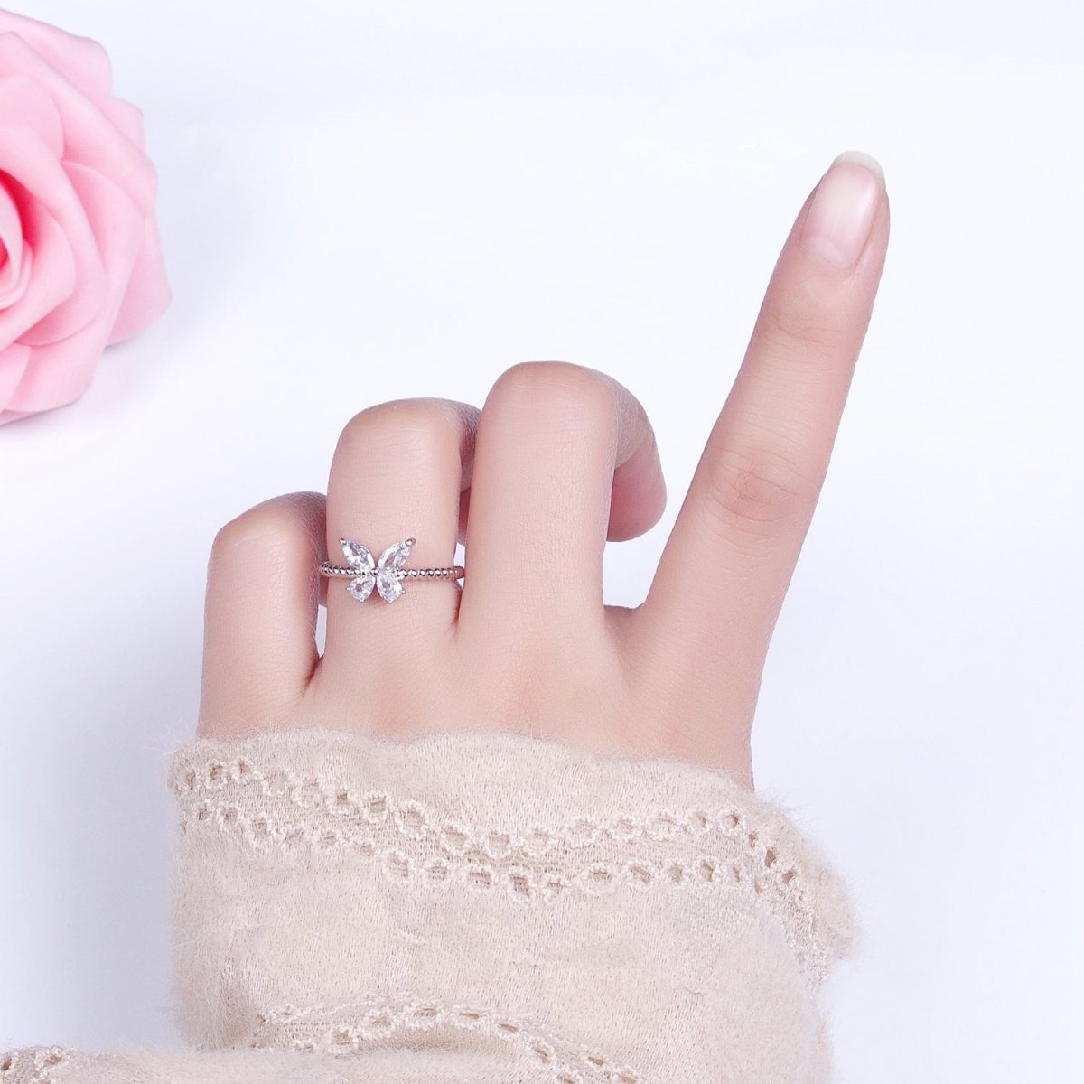 Thin Butterfly Ring CZ Mariposa Ring Open Adjustable Ring Rope Band O-1817 O-1818