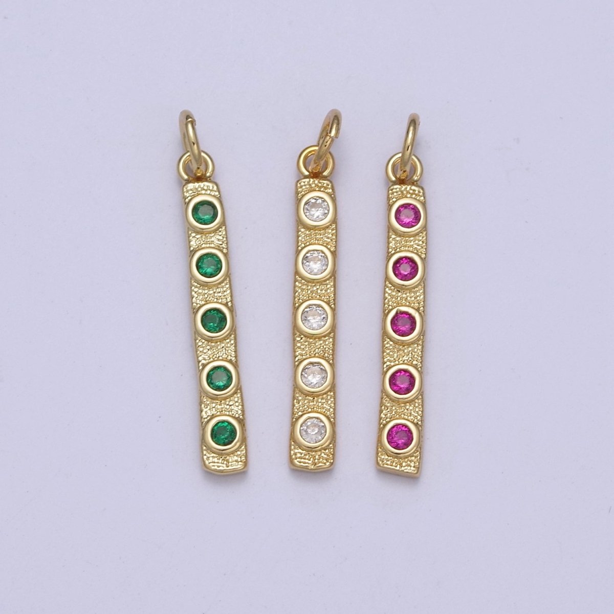 Thin Cubic Zirconia Stick Bar Cubic Zirconia Charms, Clear, Pink, Green CZ Bar Pendant, Gold Filled over Brass C-309