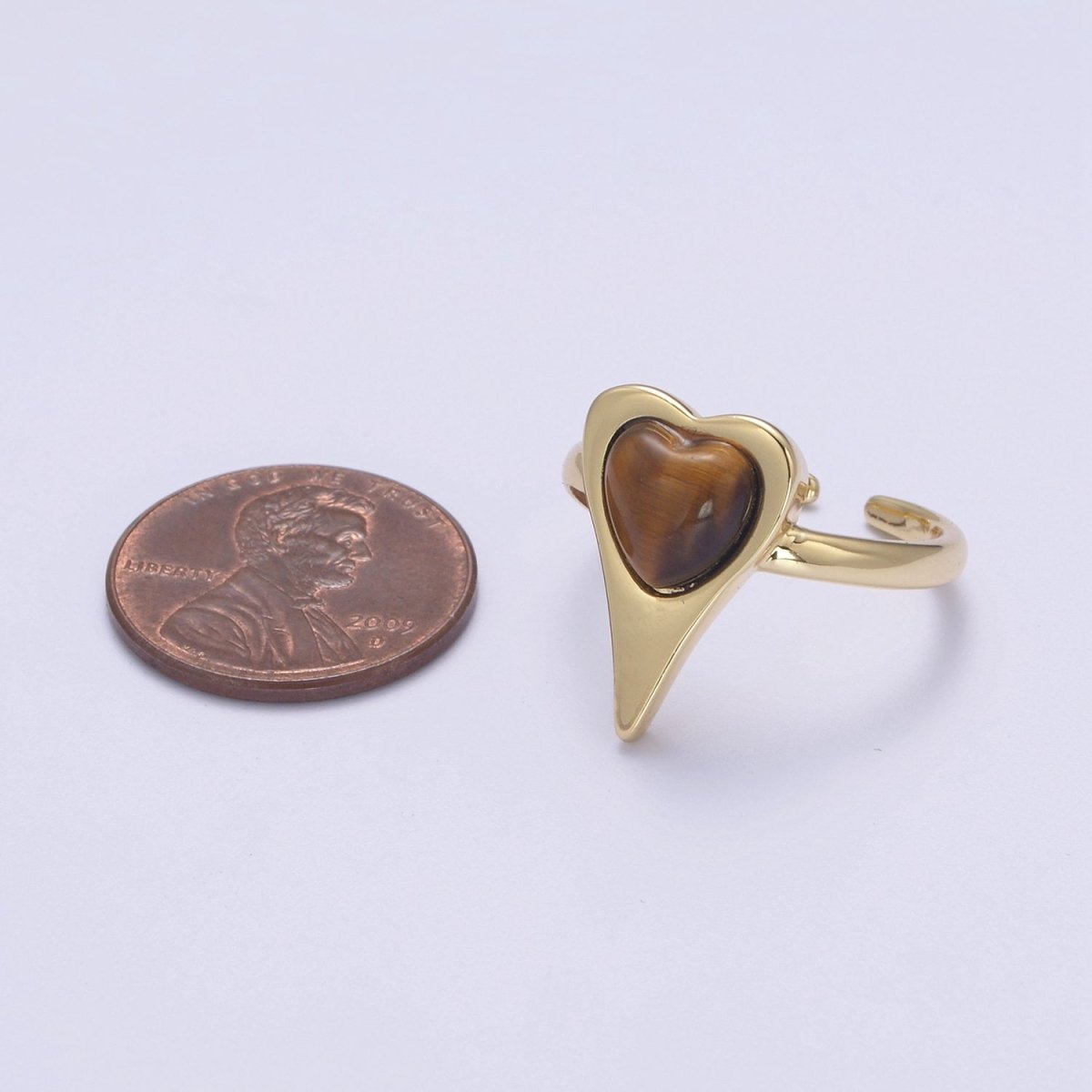 Tiger Eye Beads Heart Ring in 14k Gold Filled Open Adjustable Gemstone Ring U-235