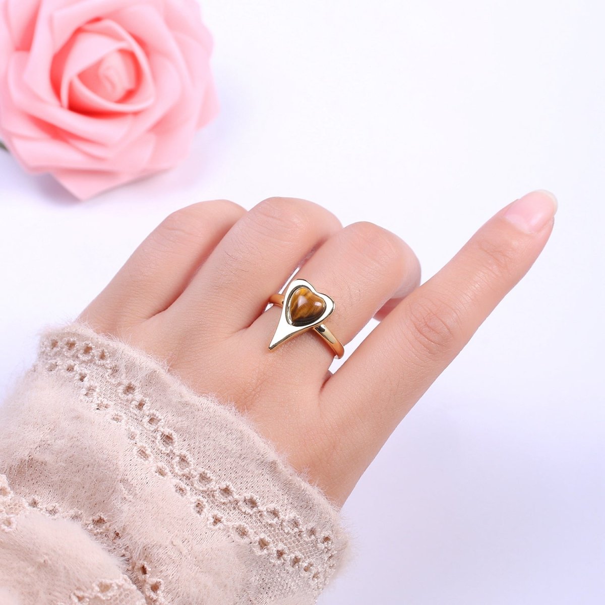 Tiger Eye Beads Heart Ring in 14k Gold Filled Open Adjustable Gemstone Ring U-235