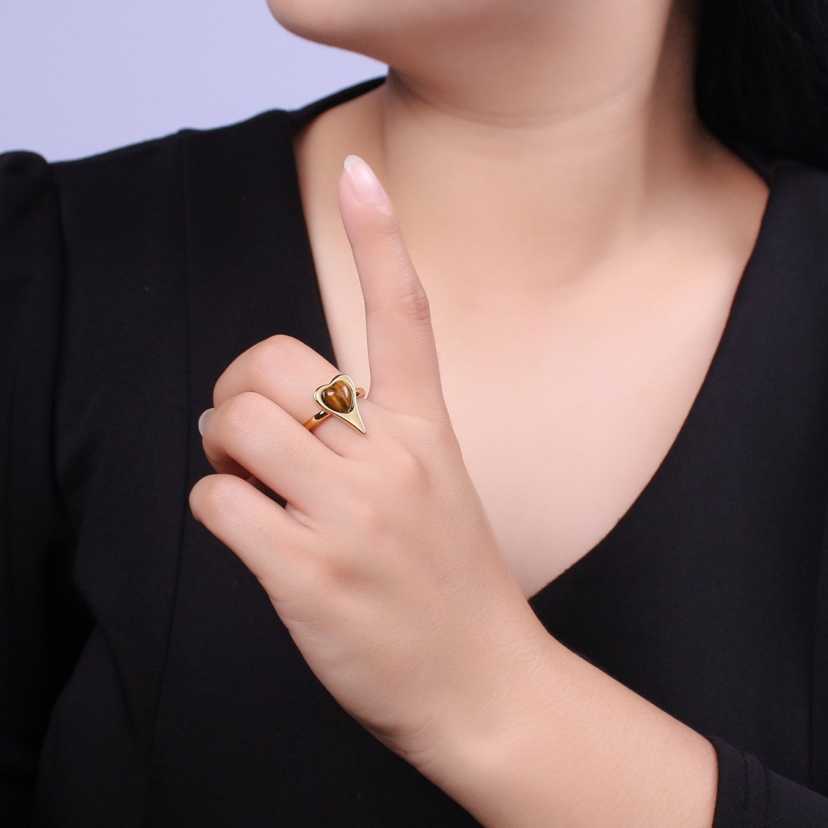 Tiger Eye Beads Heart Ring in 14k Gold Filled Open Adjustable Gemstone Ring U-235