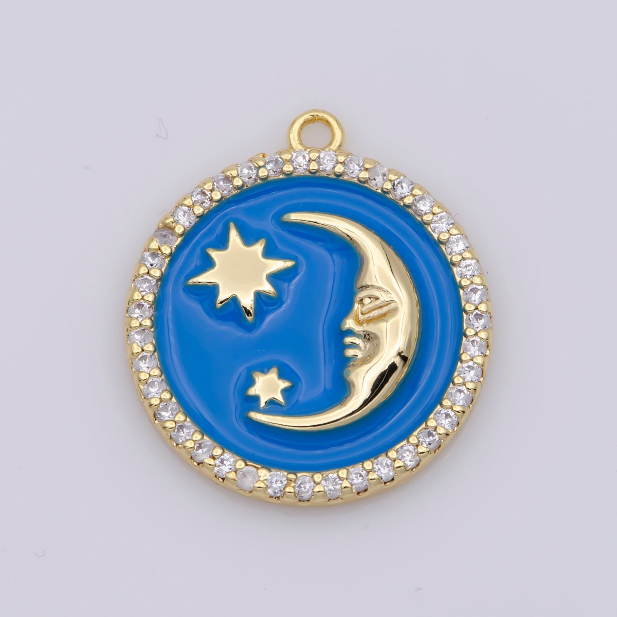 Tiny Celestial Charm White Blue Enamel Moon and Star Charms with Micro Pave Coin Base Moon Charms Jewelry Supplies M-906