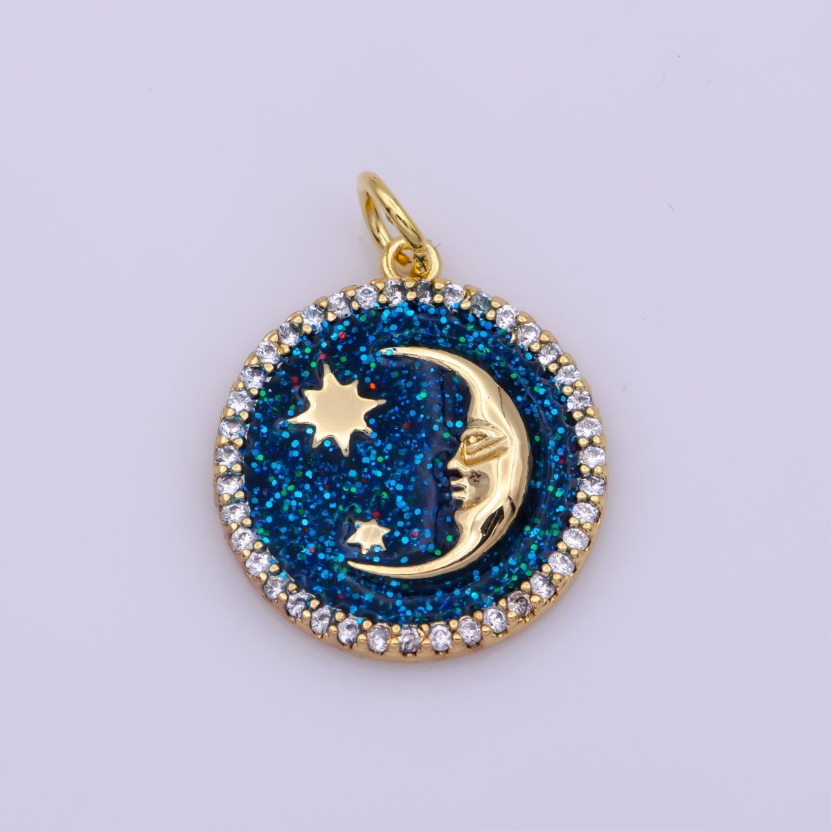 Tiny Celestial Charm White Blue Enamel Moon and Star Charms with Micro Pave Coin Base Moon Charms Jewelry Supplies M-906