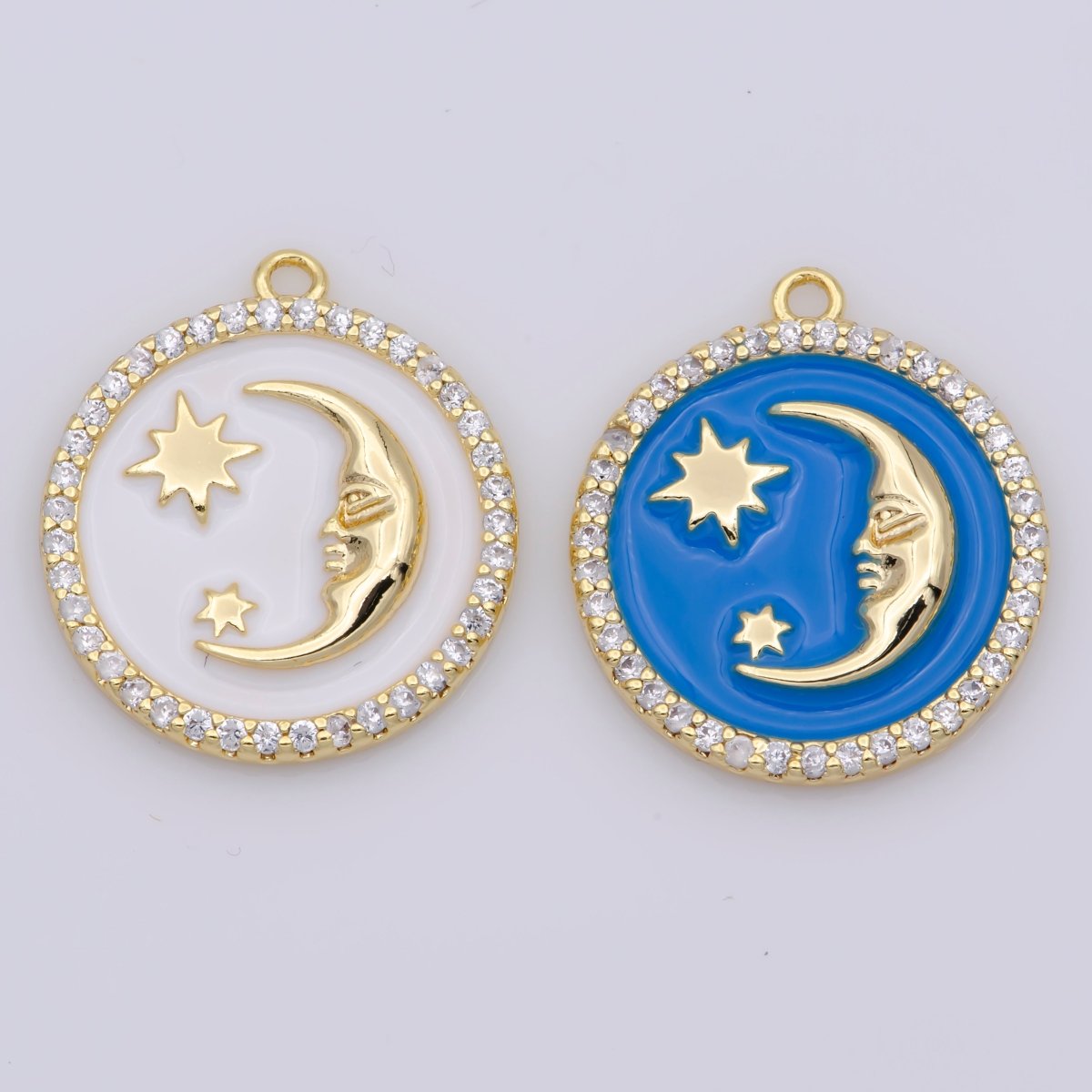 Tiny Celestial Charm White Blue Enamel Moon and Star Charms with Micro Pave Coin Base Moon Charms Jewelry Supplies M-906