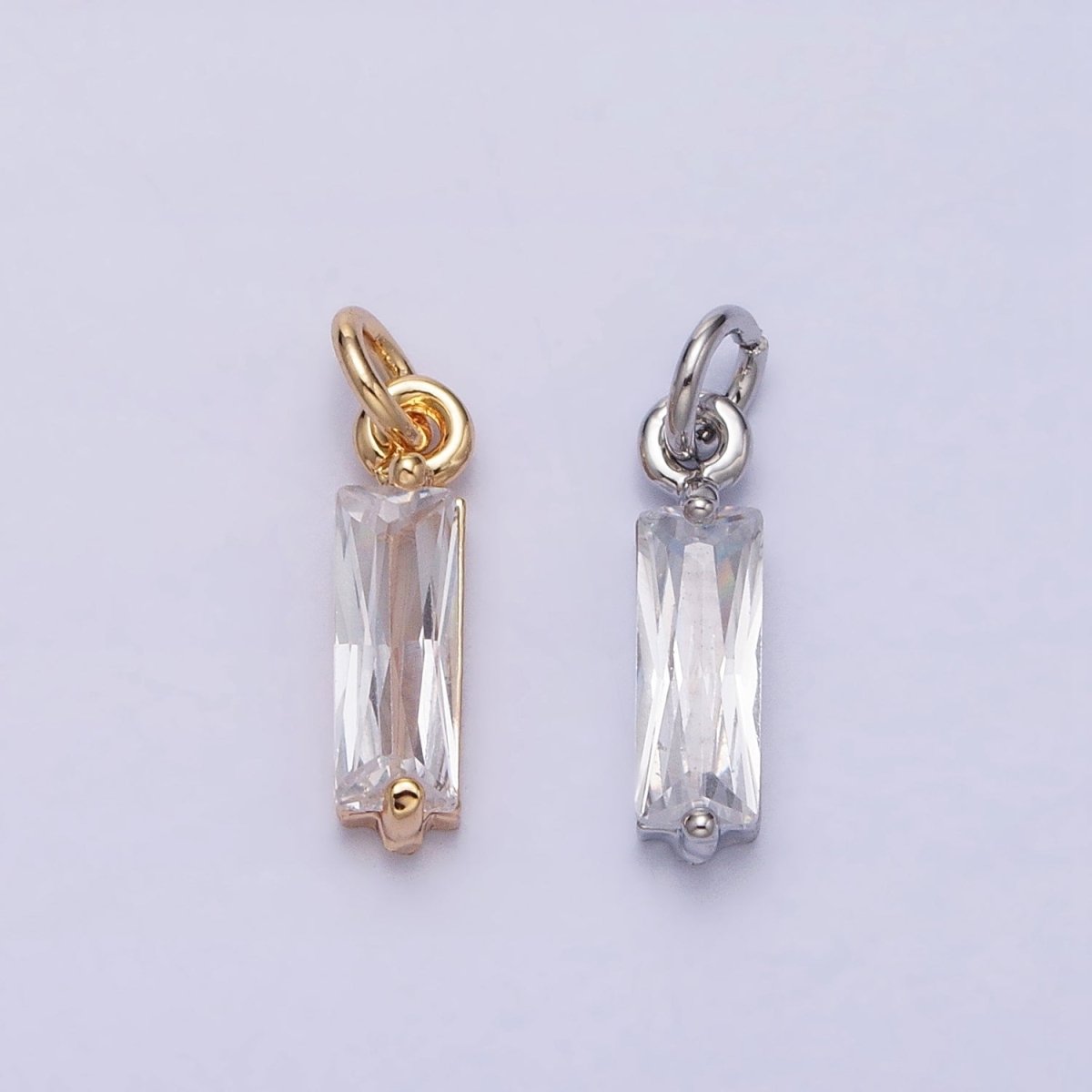 Tiny Clear Faceted Cubic Zirconia Charms Baguette Cut Crystal Pendants Small Rectangular Glass in Gold, Silver AC475 AC476