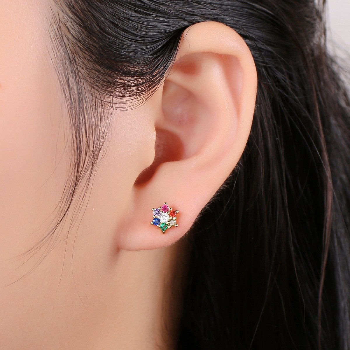 Tiny flower stud earrings, dainty stud earrings, flower stud earrings, star cz stud earrings, diamond cz studs Q-258 - DLUXCA