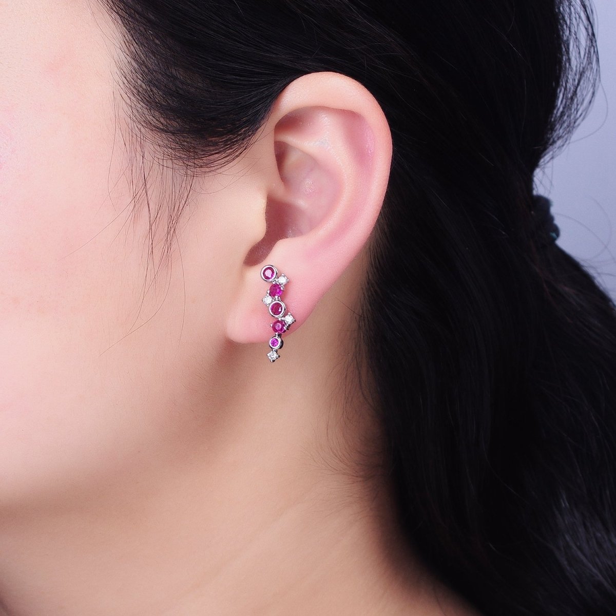 Tiny Fuchsia CZEarrings, Small Ear Climber Earrings AB606 AB607