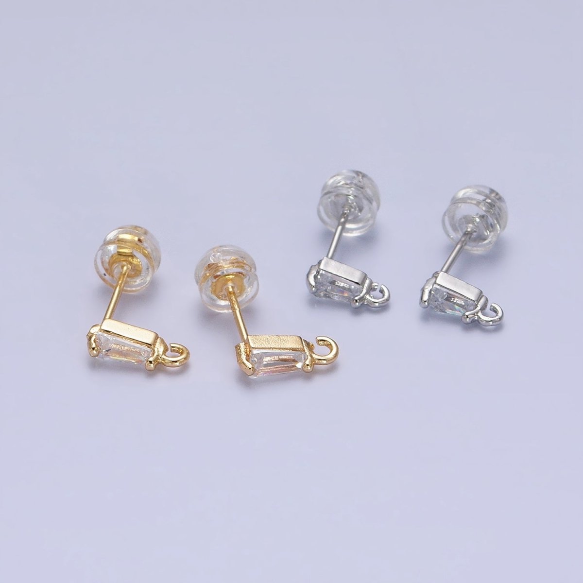 Tiny Gold CZ Baguette Setting Earring Post Rectangular Bar Stud Earrings with Open Link for Earring Component Z-176 Z-177