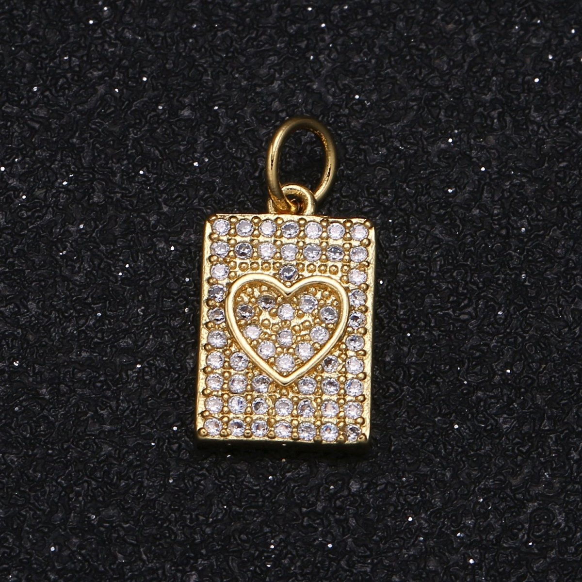 OS Tiny Golden Heart in Crystal Rectangle Tag Charm CZ Plain Gold Heart Micro Pave Geometric Charm Pendant GP-026
